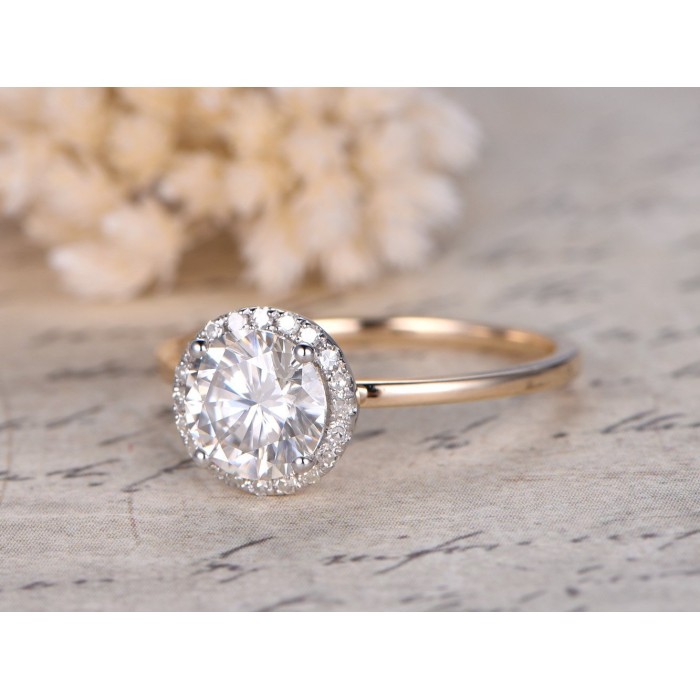 6.5mm Round Cut 1.0 ctw Charles & Colvard Moissanite 4 Ball Prong Halo Engagement Ring Bridal Diamond Wedding Band
